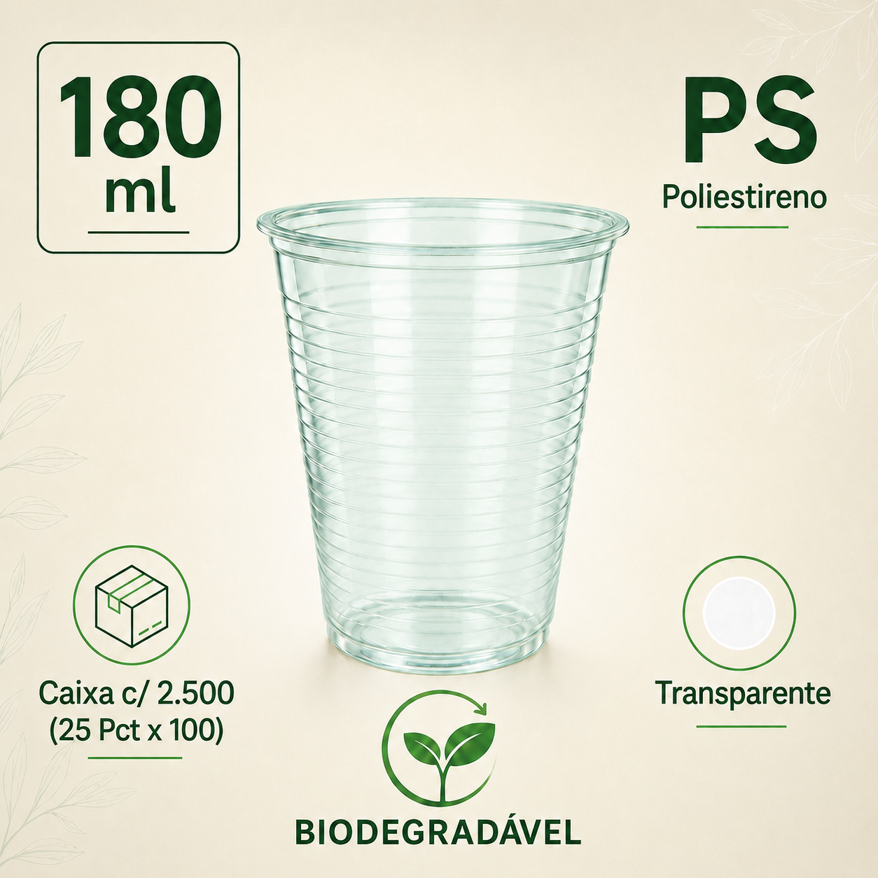 Imagem - Copo Descartável Biodegradável em PS 180 ml Transparente Verocopo Caixa com 2.500 Unidades