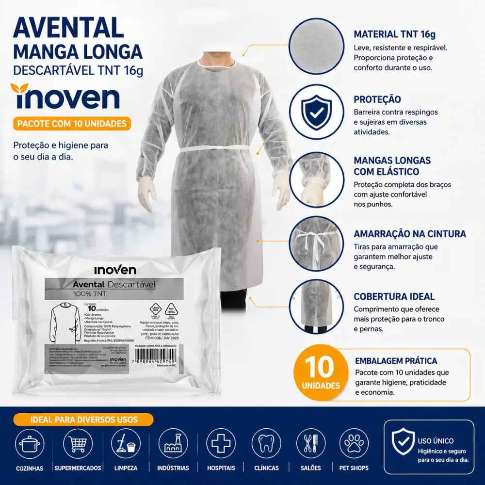 Detalhe das mangas longas e dos punhos elásticos do avental
