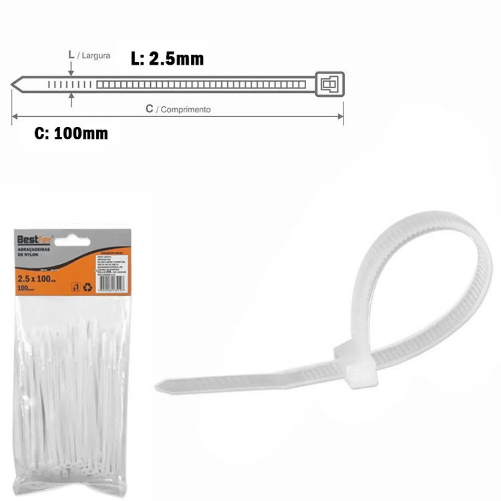 Castro Naves - ABRACADEIRA DE NYLON BRANCA 2,5x100mm Pt/100 - 12947 01