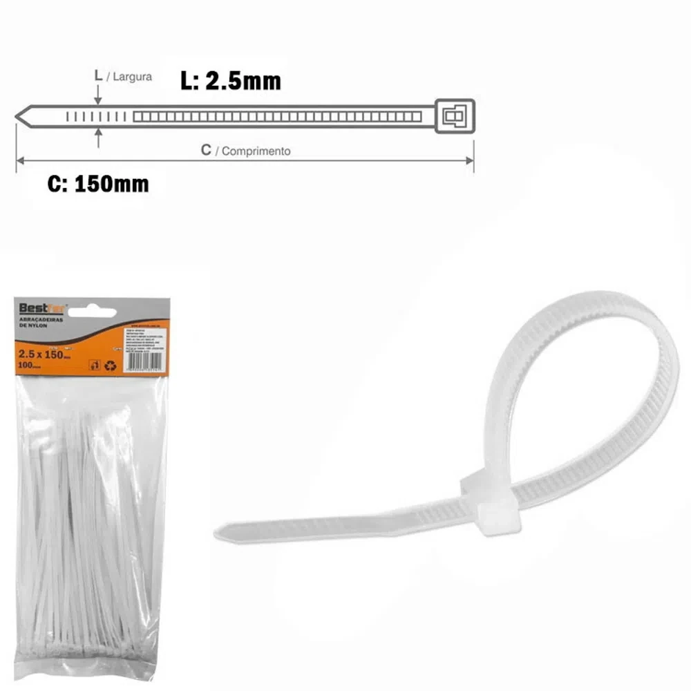 Castro Naves - ABRACADEIRA DE NYLON BRANCA 2,5x150mm Pt/100 - 12948 01
