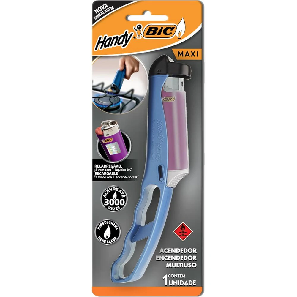 Imagem - Acendedor Handy Bic Azul Recarregável Multiuso. Ideal para acender fogão, vela, churrasqueira e lareira.