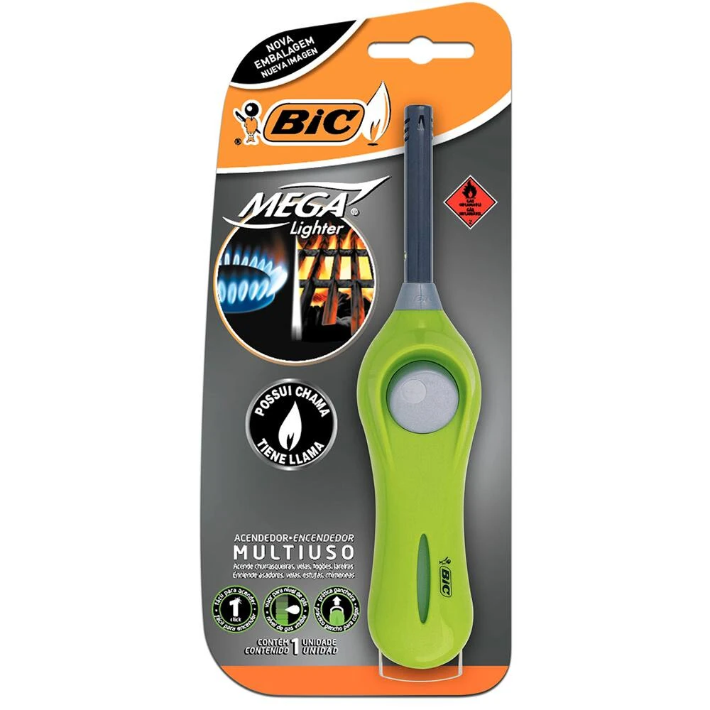 Imagem - Acendedor Mega Ligther Bic com Visor e Gancheira BT/1. Ideal para acender fogão, vela, churrasqueira e lareira.