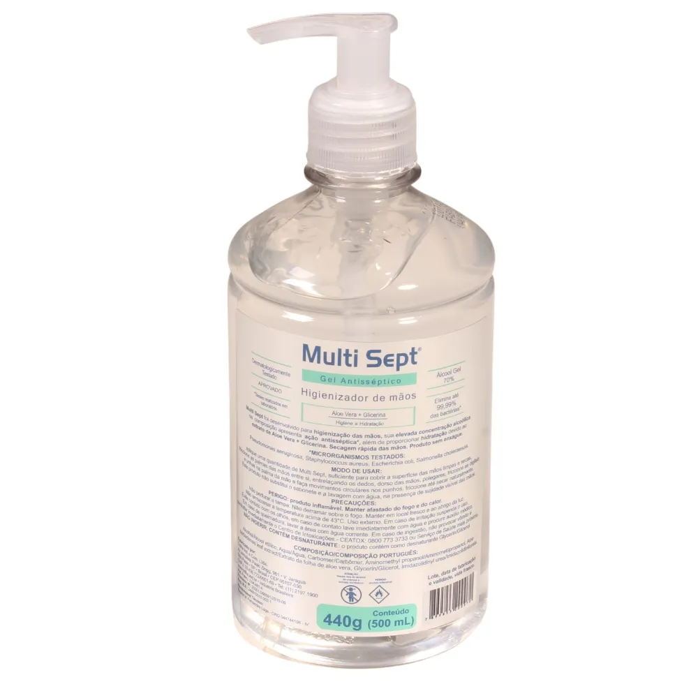 Álcool em Gel 70% Multisept Antisséptico 500ml com Válvula Pump Higienizante para as Mãos Frasco