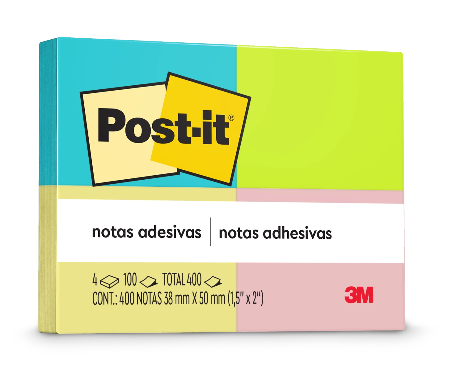 Bloco Adesivo 38x50mm Cores Sortidos 400 Folhas (4 X 100 Folhas) Post-it