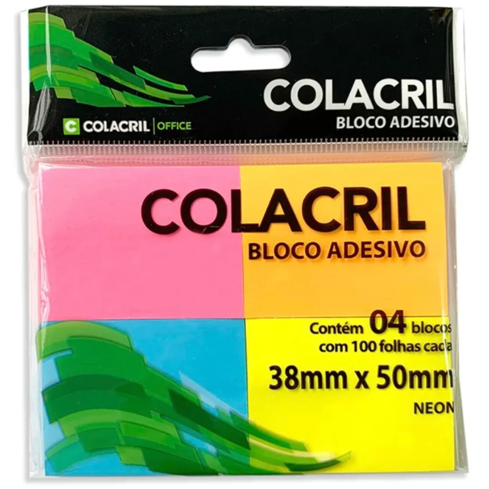 Bloco de Notas Auto Adesivas Reposicionáveis (Post-it) 38mm x 50mm Neon Pacote com 4 Blocos de 100 Folhas cada Colacril