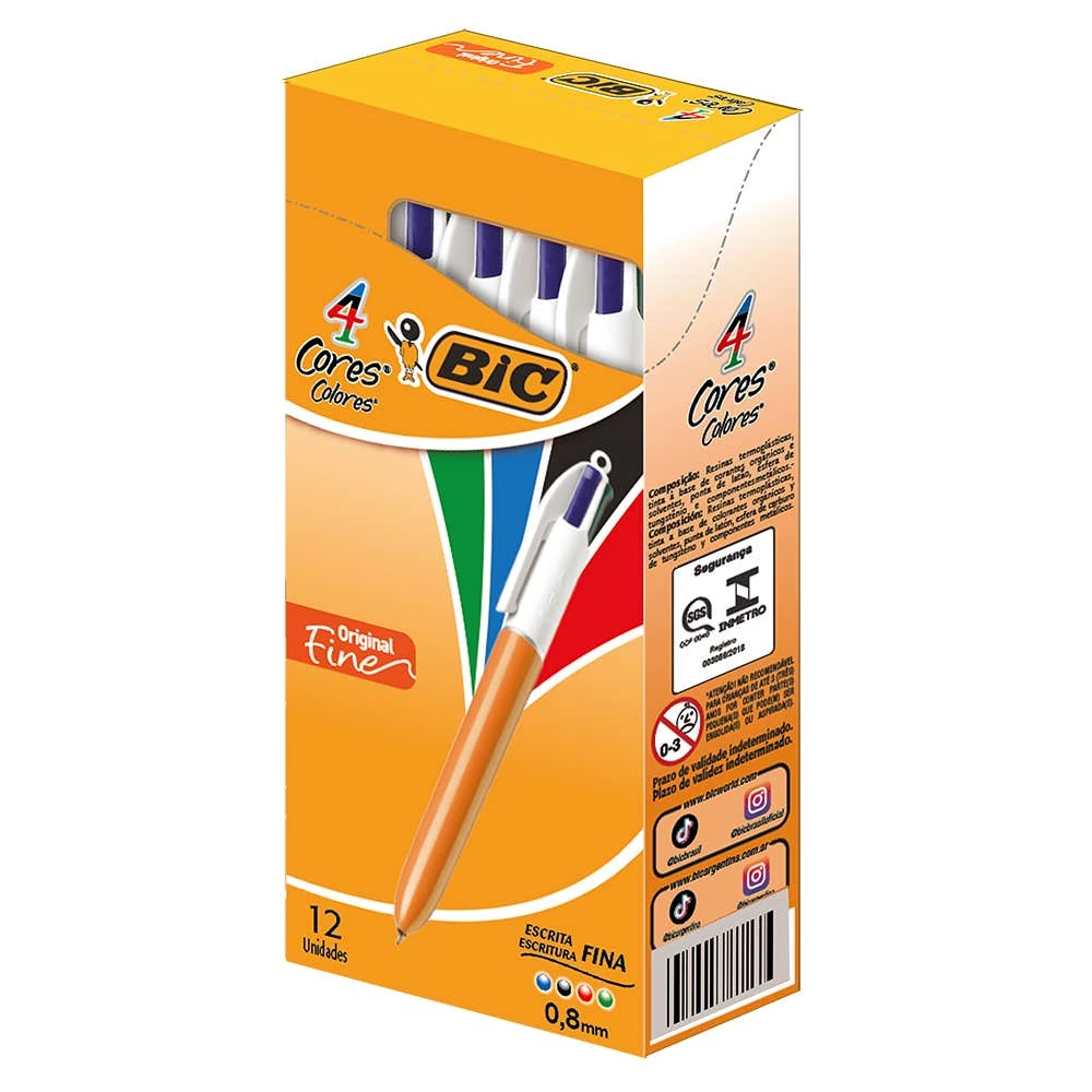 Imagem - Caneta Esferográfica 0.8mm Ponta Fina Retrátil BIC 4 Cores Original CX/12