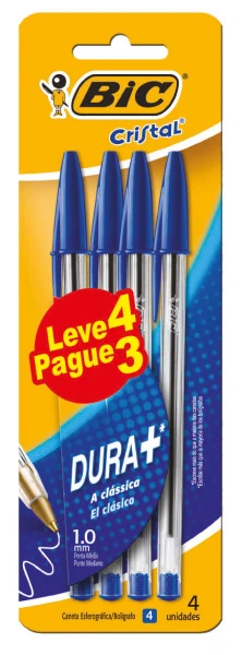 Caneta Esferográfica 1.0mm Ponta Média  Cristal Azul BT/4 L4P3 BIC
