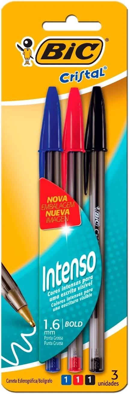 Imagem - Caneta Esferográfica 1.6mm Ponta Grossa Cristal Intenso 3 Cores BT/3