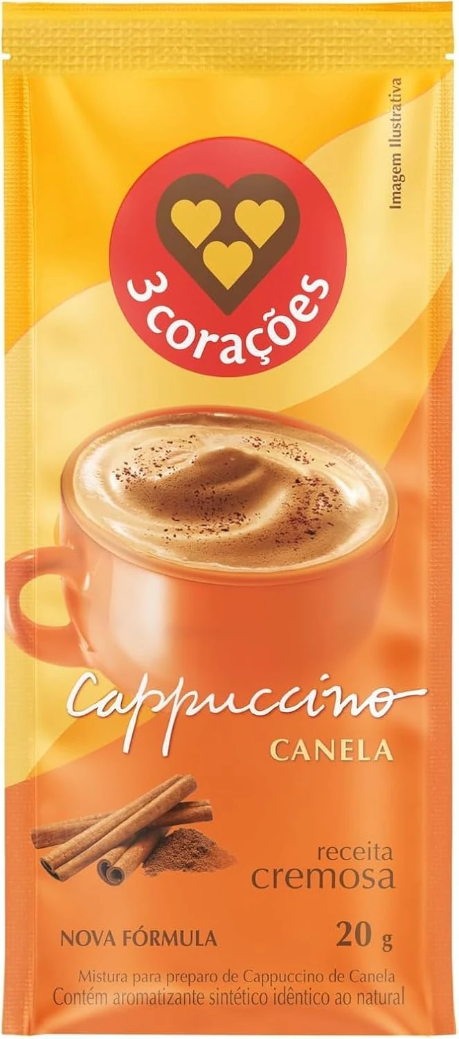 Cappuccino 3 Corações Canela Sachê 20g. Receita mais cremosa