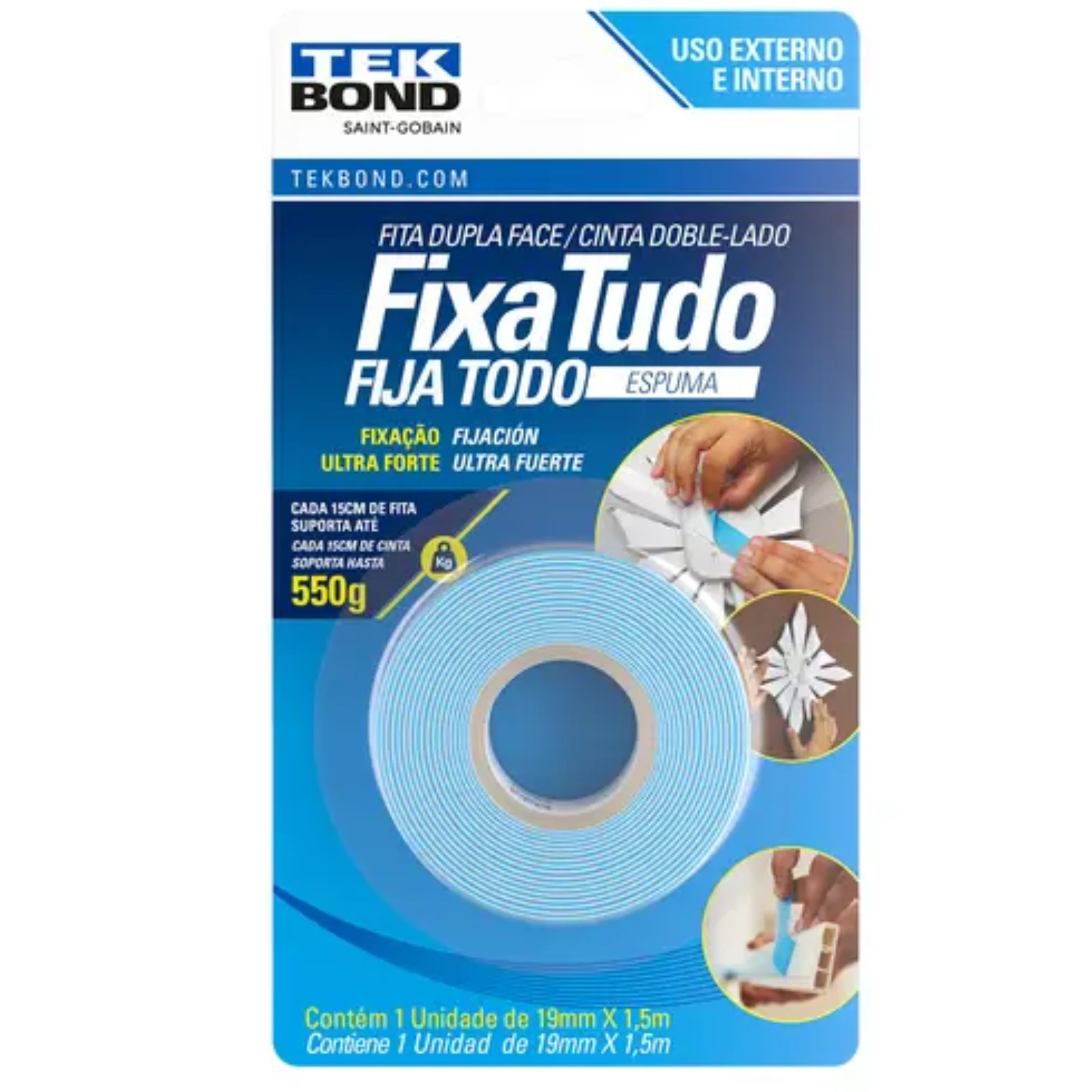 Imagem - Fita Adesiva Dupla Face Espuma Fixa Tudo 19mm x 1,5m Tekbond. Resistência 550g a cada 15cm