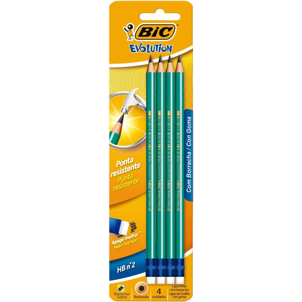 Imagem - Lápis Preto BIC Evolution, Grafite Nº 2HB, Com Borracha, Corpo Verde Hexagonal BT/4