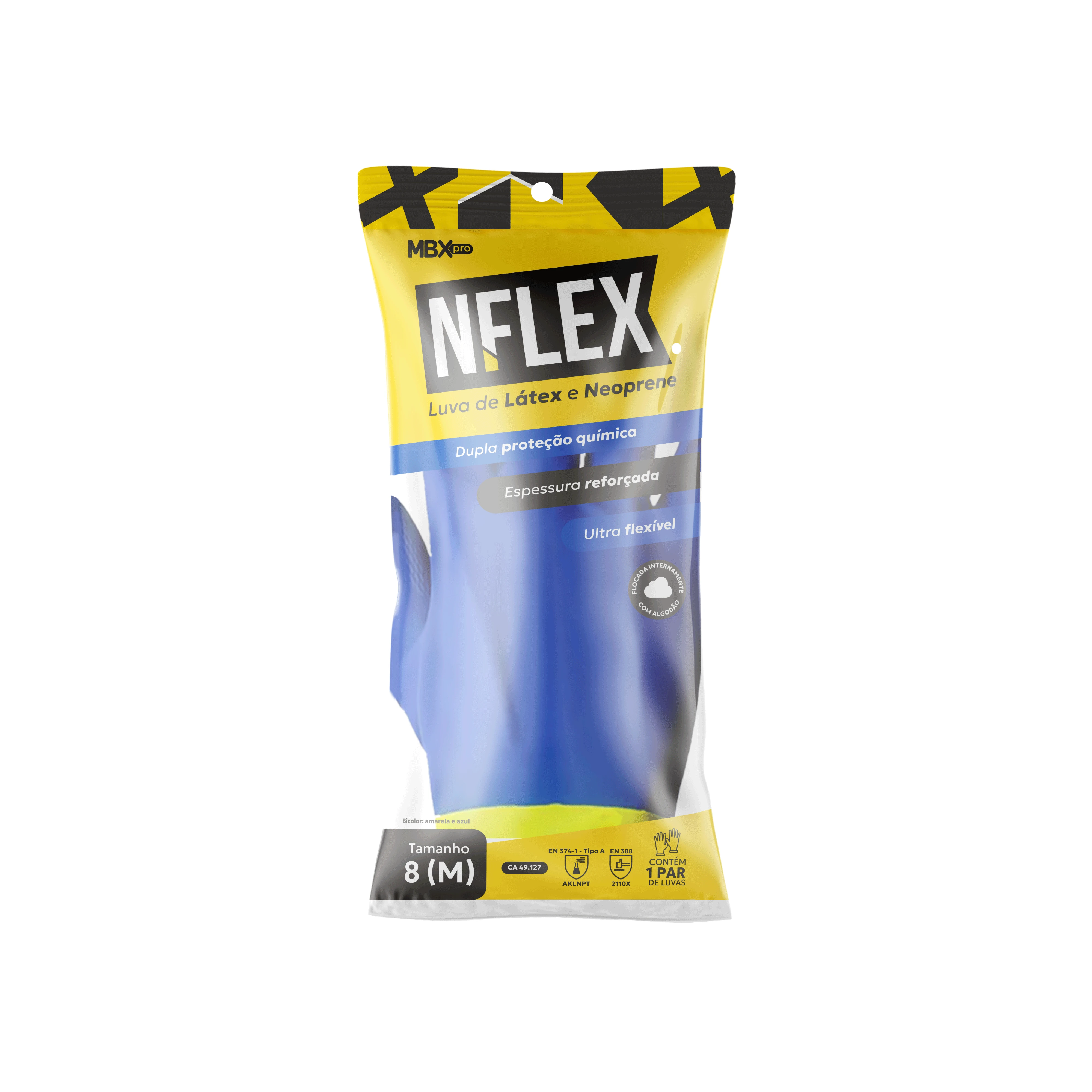 Luva de Látex e Neoprene Reforçado e Flexível Bicolor M (8) NFlex