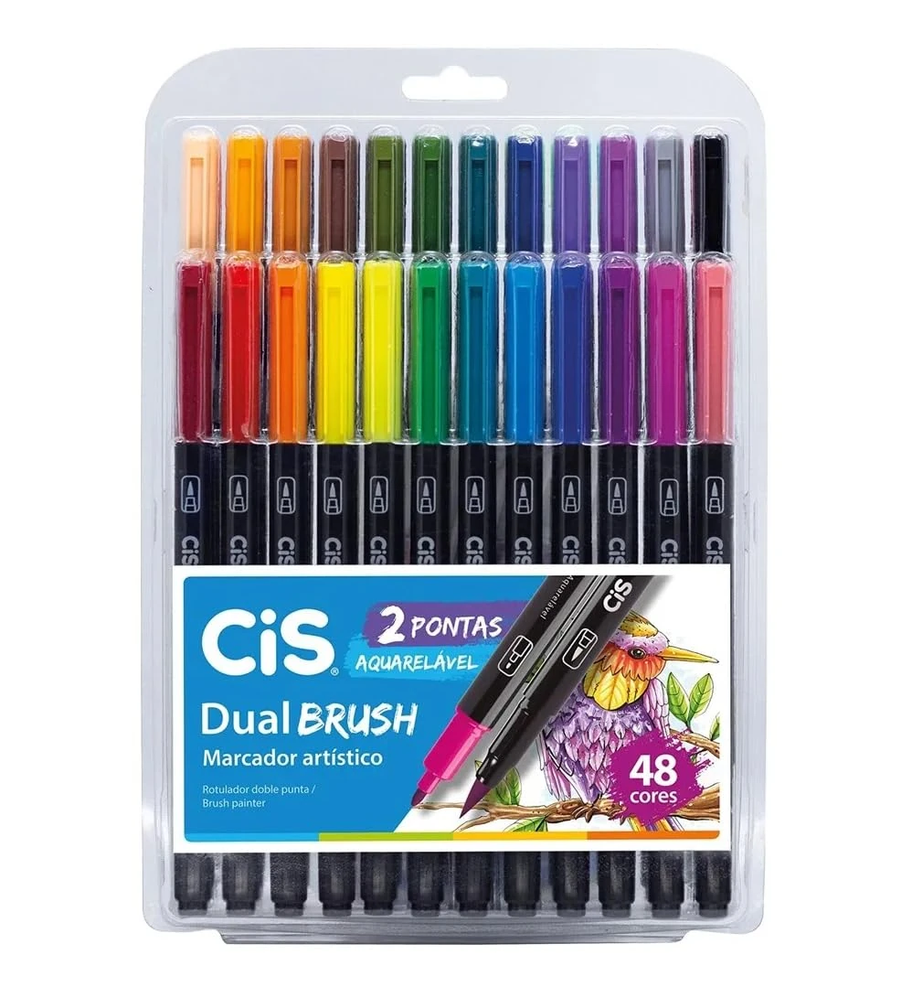 Marcador Artístico CIS Dual Brush Estojo com 48 Cores. 2 Pontas