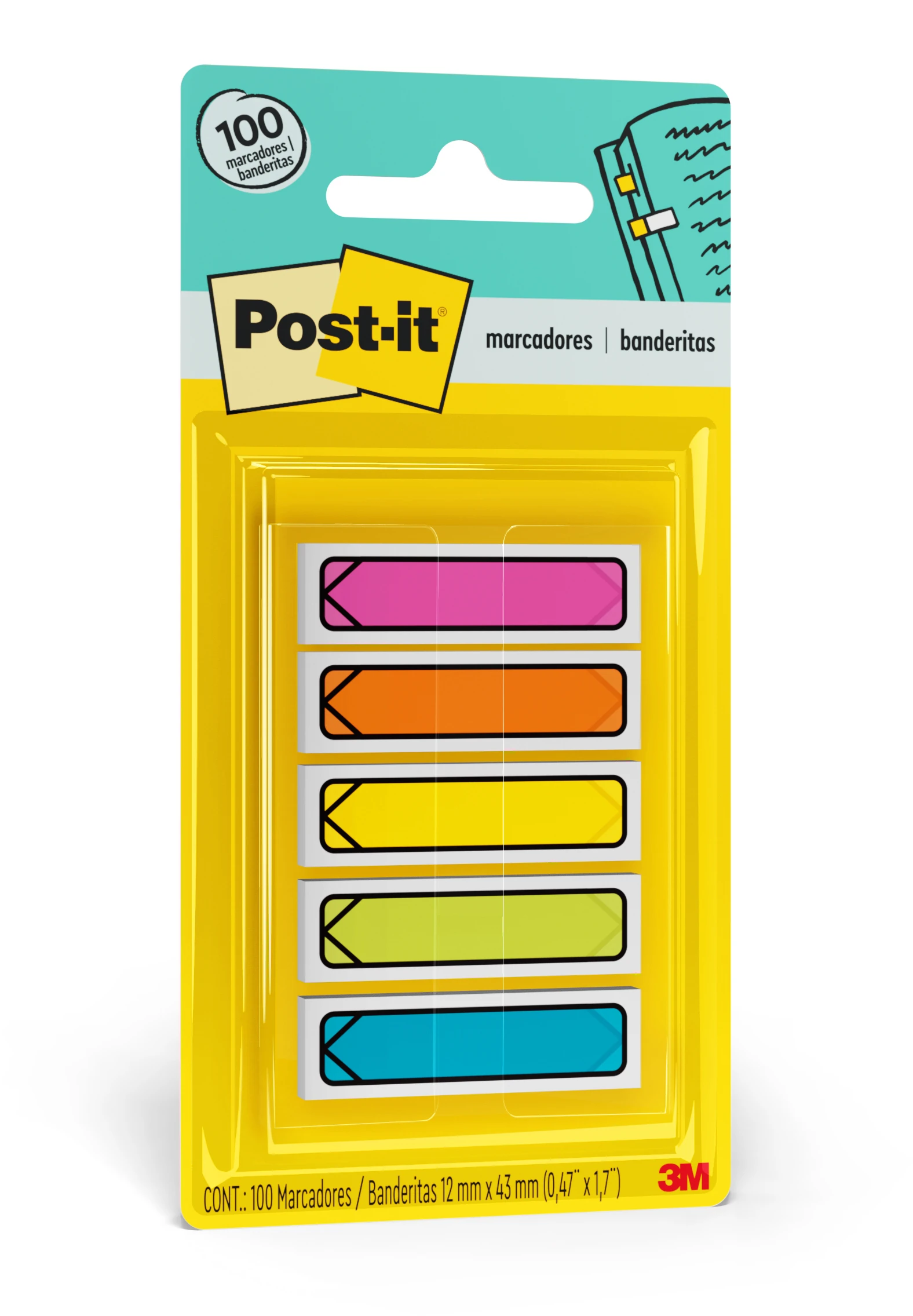 Marcador de Página Adesivo Flags 5 Cores Neon 11,9x43,2mm 100 folhas (5 x 20 Fls de cada) 3M Post-it