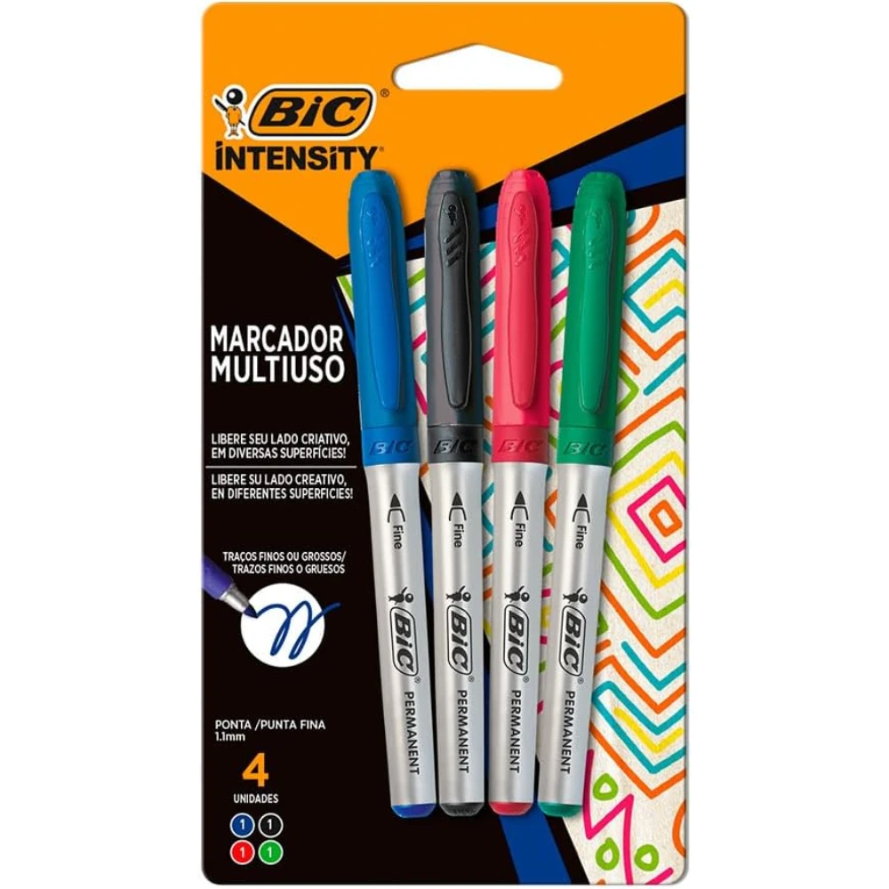 Imagem - Marcador Permanente BIC Intensity 4 Cores Clássicas Grip Emborrachado Ponta Cônica 1.1mm BT/4
