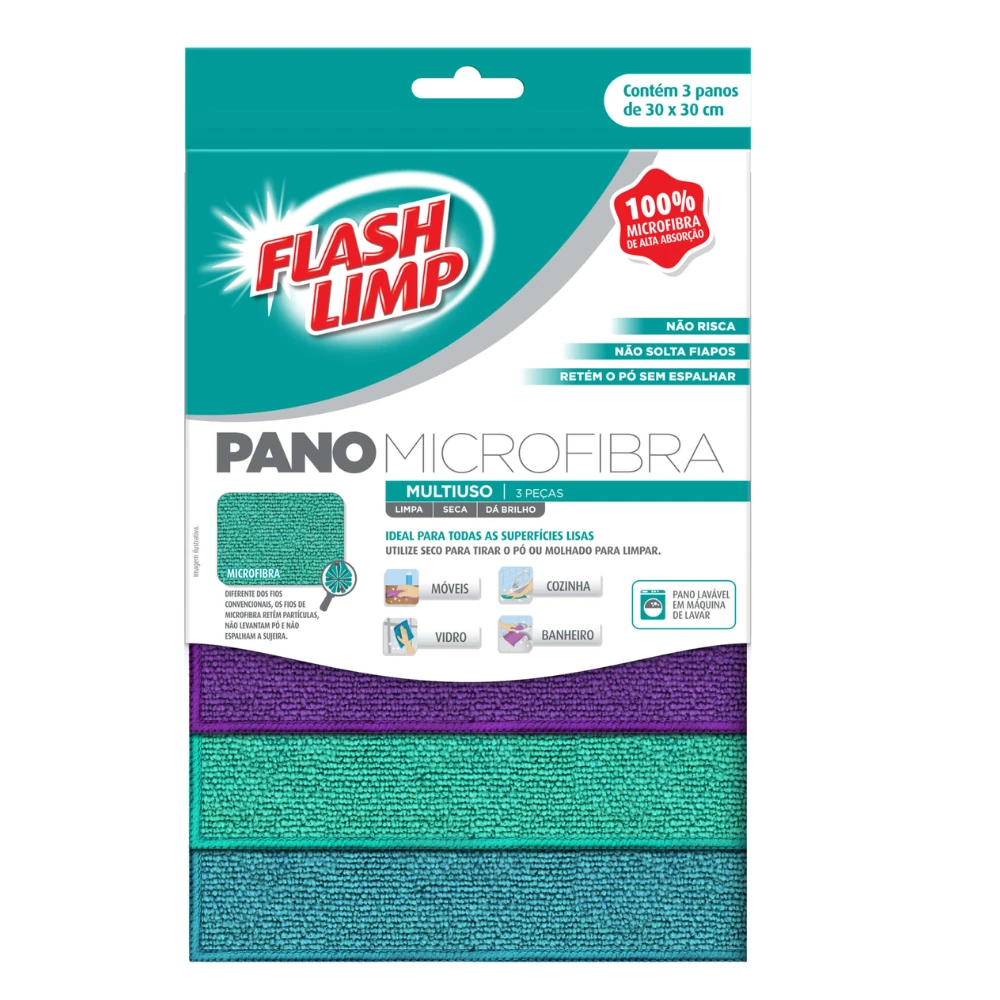 Pano de Microfibra Multiuso 30x30cm C/3 Flashlimp