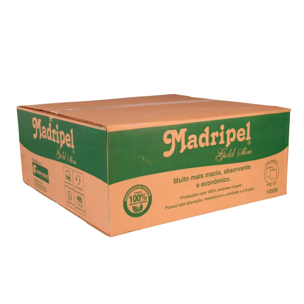 Caixa com rolos de papel higiênico branco rolão Madripel Gold Slim