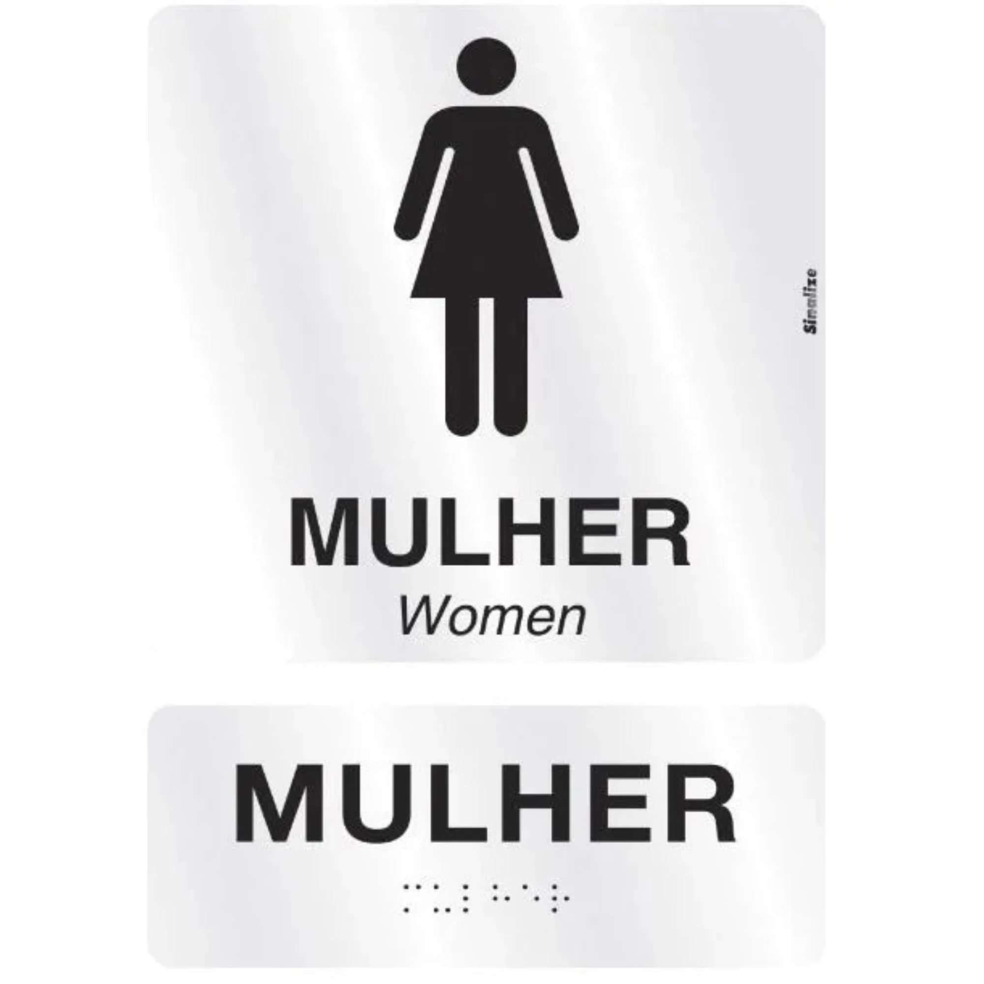 Imagem - Placa em Alumínio Braile Banheiro Feminino Kit c/ 2 Pçs (Placa tátil 15x6cm e Placa Visual 15x15cm) Ref. 800AD