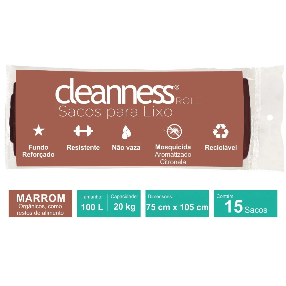 Saco para Lixo em Rolo 100 Litros 75x105cm cor Marrom Pct/15. Mosquicida, Aromatizado Cintronela
