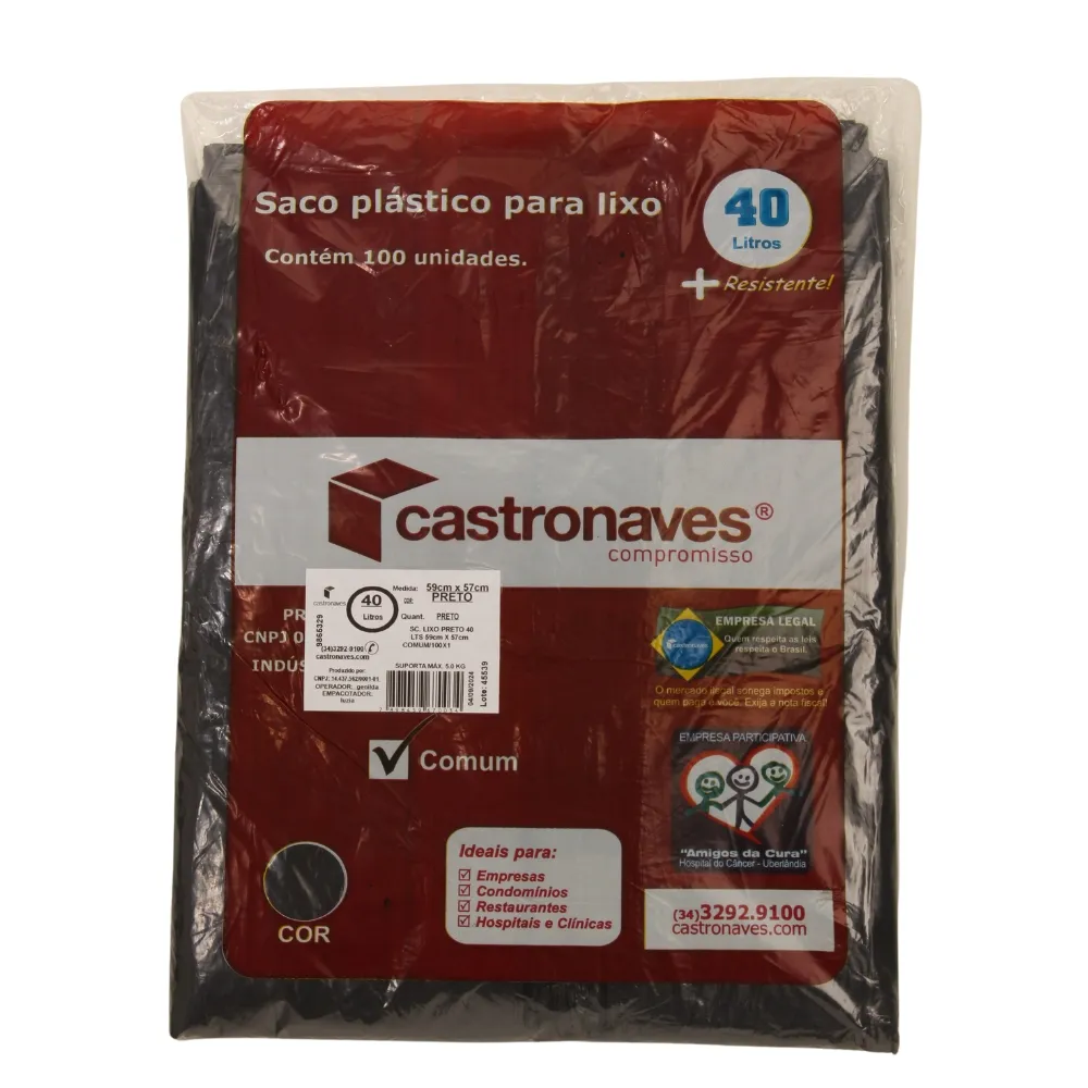 Saco para Lixo 40 Litros na Cor Preto - Pacote com 100 Unidades